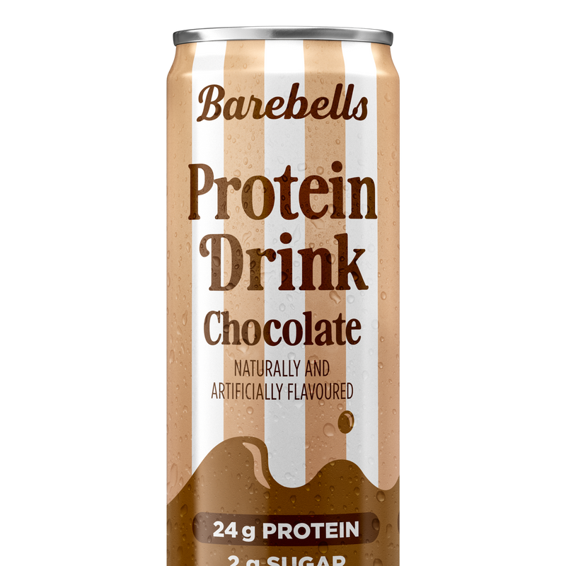Barebells Protein Drink Chocolate in tan and white striped can with 24g protein