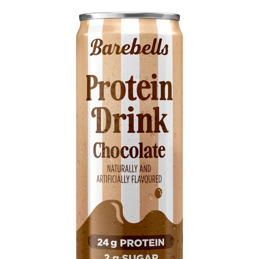 Barebells chocolate protein drink can with brown and white striped design, showing 24g protein and 2g sugar