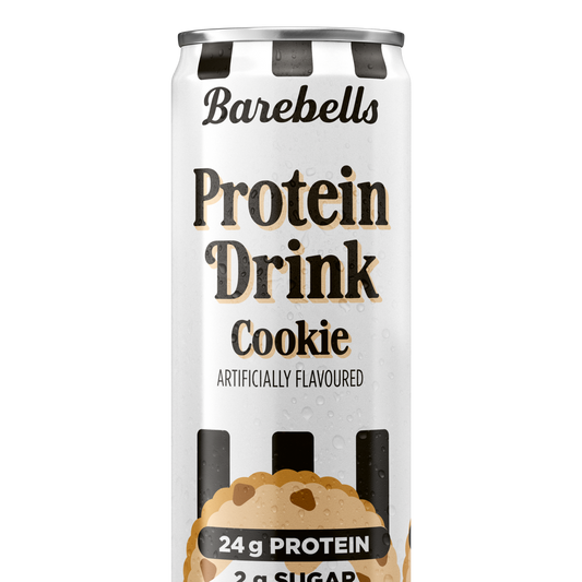 Barebells Protein Drink Cookie flavor in white can with black and tan striped top and cookie illustration, 325ml