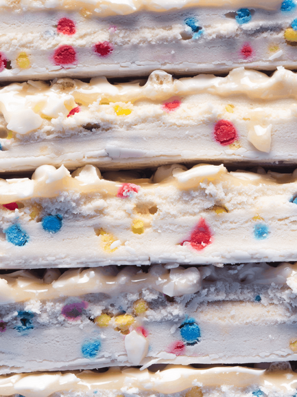 Barebells Birthday Cake bar cross-section showing vanilla cake layers with white frosting and colorful sprinkles