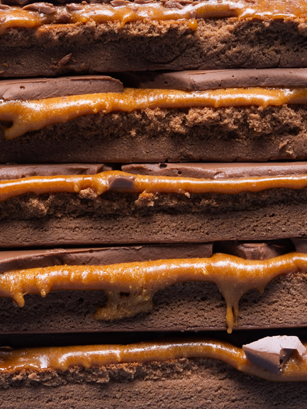 Barebells Caramel Choco bar cross-section showing chocolate cake layers with caramel filling and chocolate coating