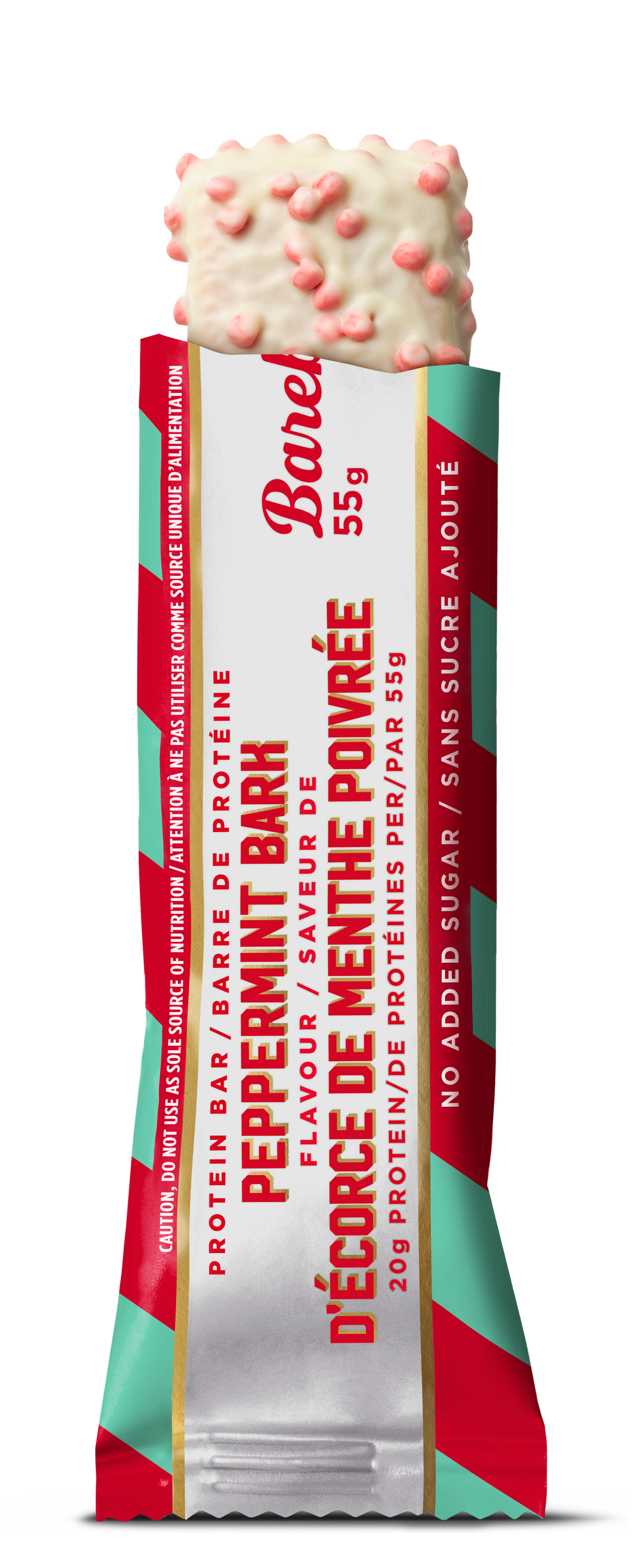 Barebells Peppermint Bark protein bar unwrapped, showing white chocolate coating with pink peppermint pieces on top, next to red and green wrapper