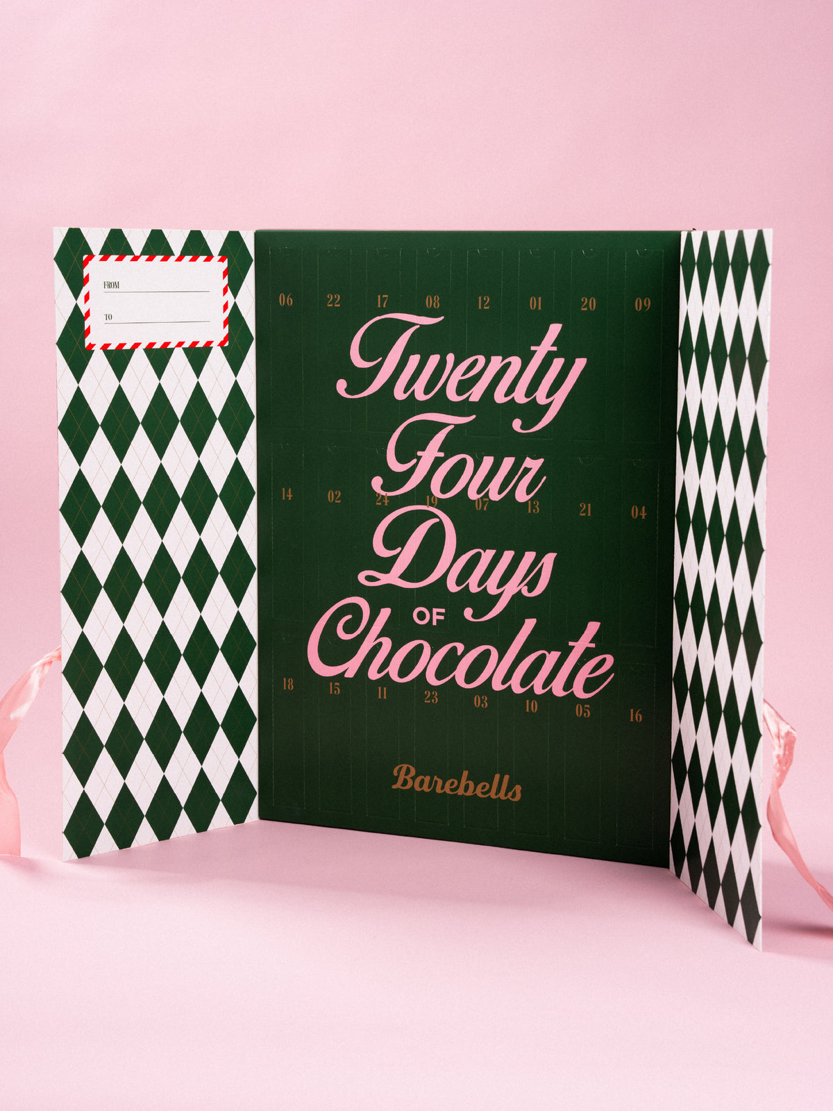 Barebells Twenty Four Days of Chocolate advent calendar with green and white diamond pattern panels and pink script text on dark green background